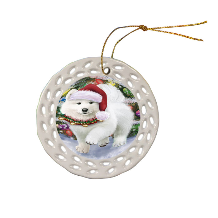 Trotting in the Snow Samoyed Dog Ceramic Doily Ornament DPOR54722