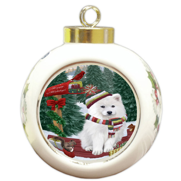 Merry Christmas Woodland Sled Samoyed Dog Round Ball Christmas Ornament RBPOR55375