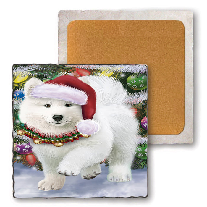 Trotting in the Snow Samoyed Dog Set of 4 Natural Stone Marble Tile Coasters MCST49594