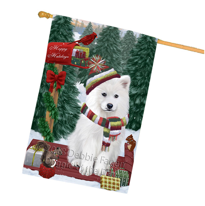 Merry Christmas Woodland Sled Samoyed Dog House Flag FLG55448
