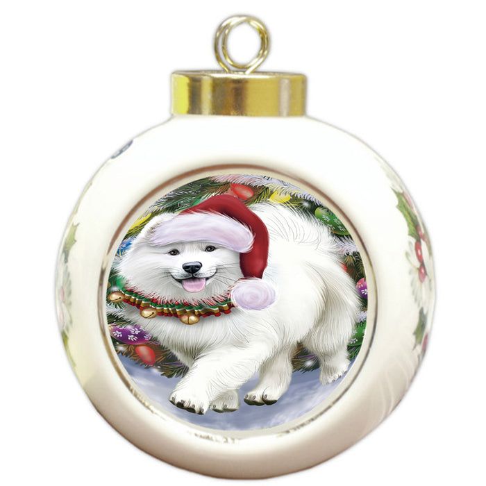 Trotting in the Snow Samoyed Dog Round Ball Christmas Ornament RBPOR54723