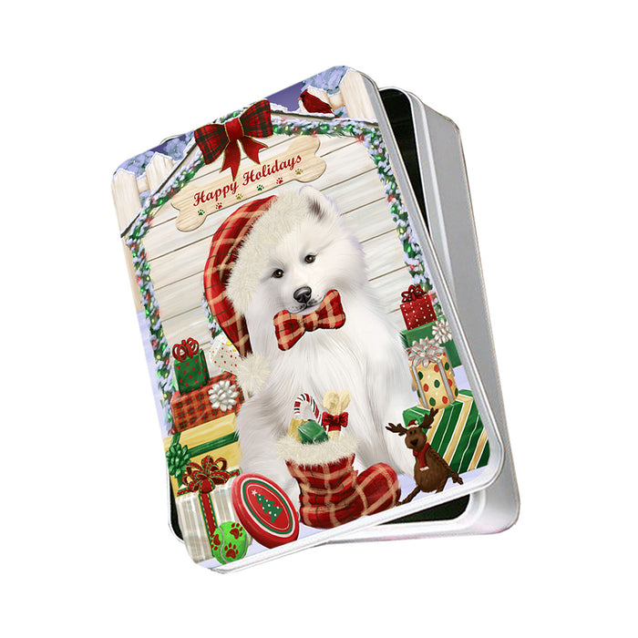 Happy Holidays Christmas Samoyed Dog House With Presents Photo Storage Tin PITN52194