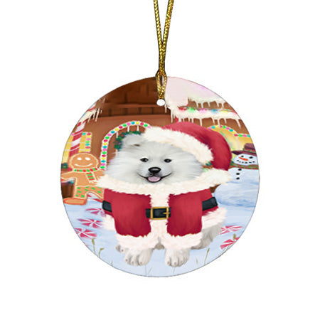 Christmas Gingerbread House Candyfest Samoyed Dog Round Flat Christmas Ornament RFPOR56886