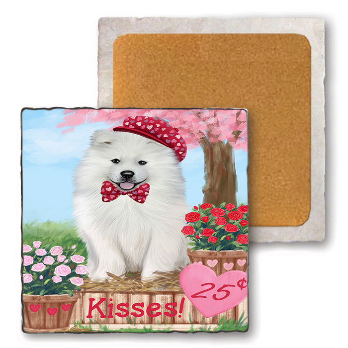 Rosie 25 Cent Kisses Samoyed Dog Set of 4 Natural Stone Marble Tile Coasters MCST51016