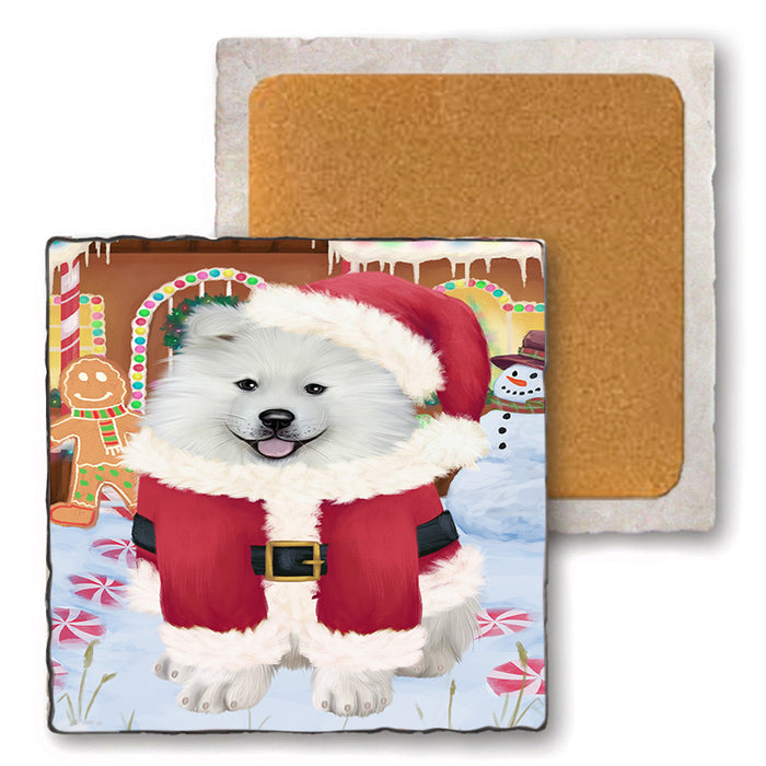 Christmas Gingerbread House Candyfest Samoyed Dog Set of 4 Natural Stone Marble Tile Coasters MCST51530