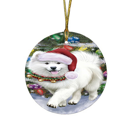 Trotting in the Snow Samoyed Dog Round Flat Christmas Ornament RFPOR54714