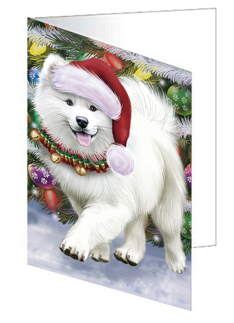Trotting in the Snow Samoyed Dog Handmade Artwork Assorted Pets Greeting Cards and Note Cards with Envelopes for All Occasions and Holiday Seasons GCD68198