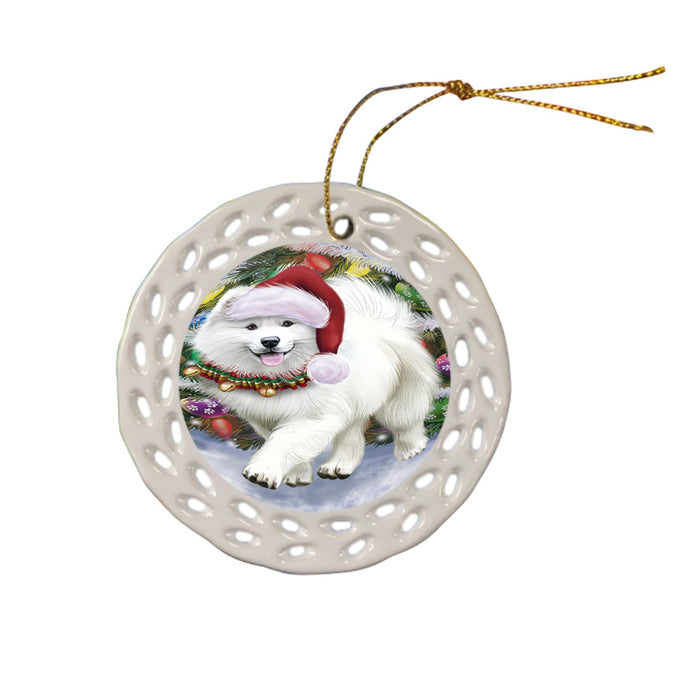 Trotting in the Snow Samoyed Dog Ceramic Doily Ornament DPOR54723