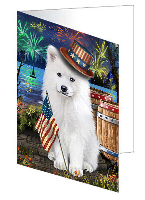4th of July Independence Day Fireworks Samoyed Dog at the Lake Handmade Artwork Assorted Pets Greeting Cards and Note Cards with Envelopes for All Occasions and Holiday Seasons GCD57674