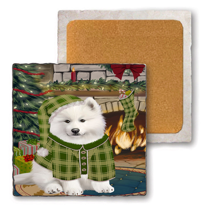 The Stocking was Hung Samoyed Dog Set of 4 Natural Stone Marble Tile Coasters MCST50596