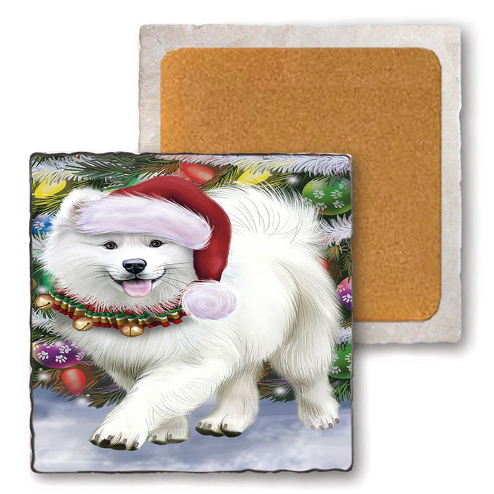 Trotting in the Snow Samoyed Dog Set of 4 Natural Stone Marble Tile Coasters MCST49595