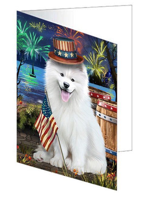 4th of July Independence Day Fireworks Samoyed Dog at the Lake Handmade Artwork Assorted Pets Greeting Cards and Note Cards with Envelopes for All Occasions and Holiday Seasons GCD57677