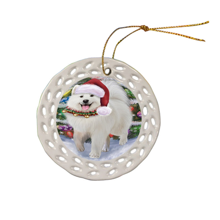 Trotting in the Snow Samoyed Dog Ceramic Doily Ornament DPOR54724