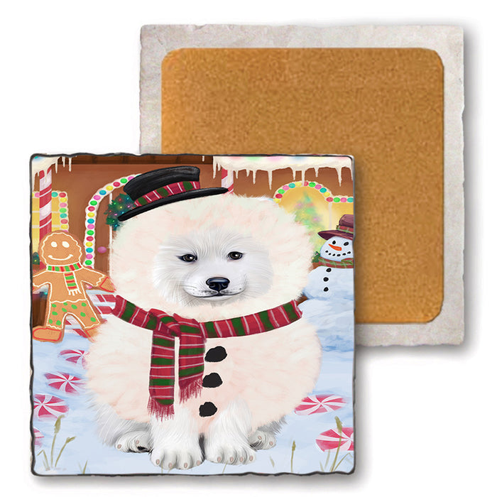 Christmas Gingerbread House Candyfest Samoyed Dog Set of 4 Natural Stone Marble Tile Coasters MCST51531