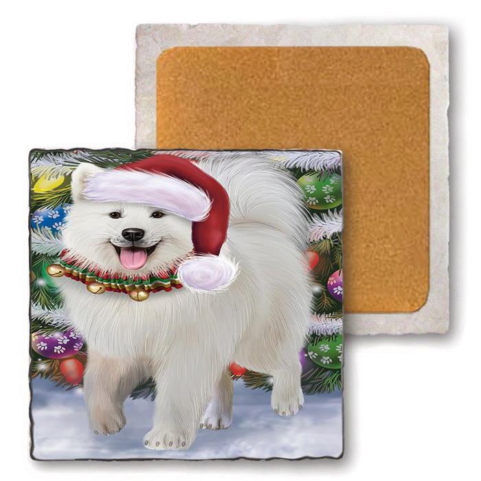 Trotting in the Snow Samoyed Dog Set of 4 Natural Stone Marble Tile Coasters MCST49596