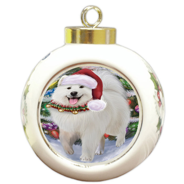 Trotting in the Snow Samoyed Dog Round Ball Christmas Ornament RBPOR54724