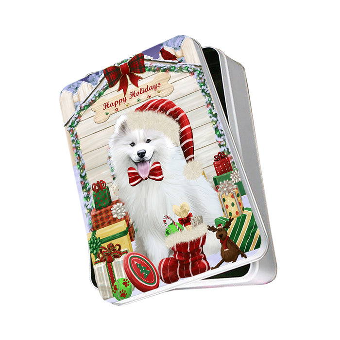 Happy Holidays Christmas Samoyed Dog House With Presents Photo Storage Tin PITN52195