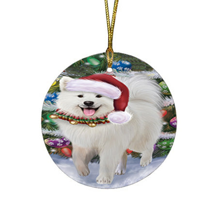 Trotting in the Snow Samoyed Dog Round Flat Christmas Ornament RFPOR54715
