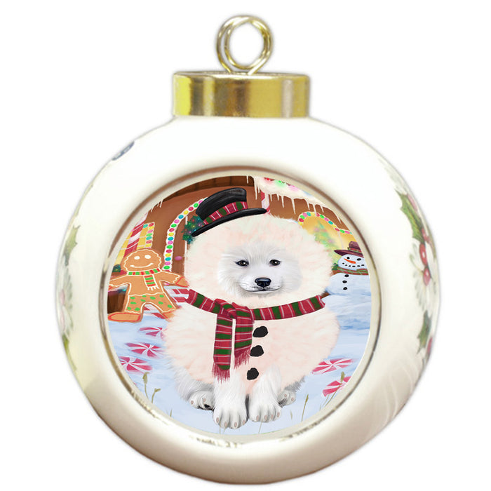 Christmas Gingerbread House Candyfest Samoyed Dog Round Ball Christmas Ornament RBPOR56887