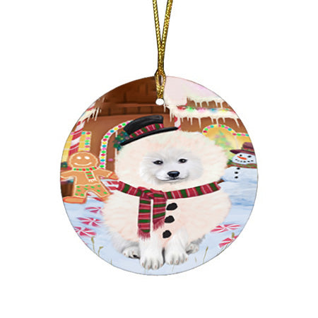 Christmas Gingerbread House Candyfest Samoyed Dog Round Flat Christmas Ornament RFPOR56887