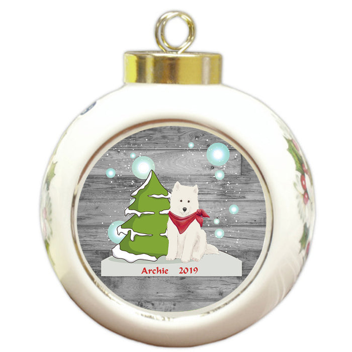 Custom Personalized Winter Scenic Tree and Presents Samoyed Dog Christmas Round Ball Ornament