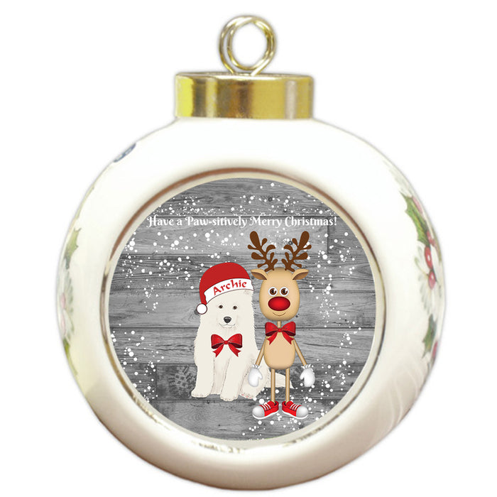 Custom Personalized Samoyed Dog Reindeer and Pooch Christmas Round Ball Ornament