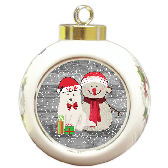 Custom Personalized Snowy Snowman and Samoyed Dog Christmas Round Ball Ornament