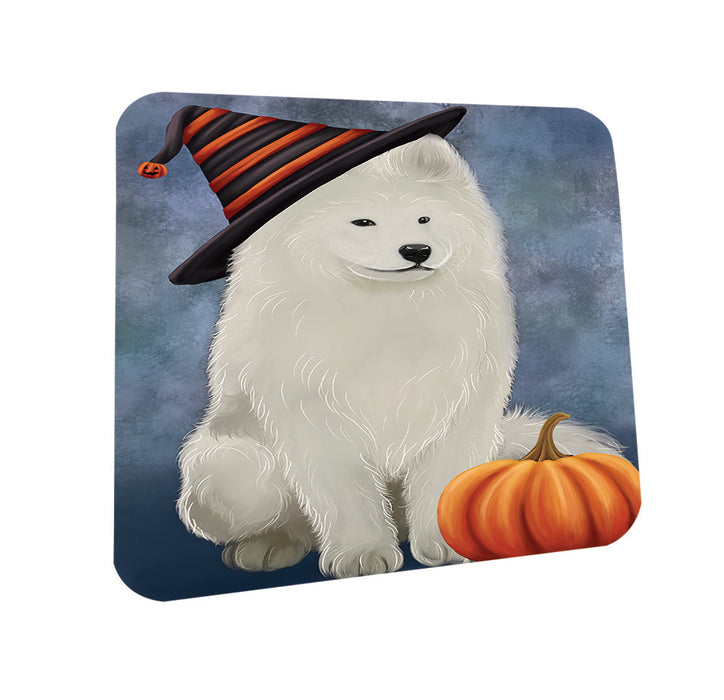 Happy Halloween Samoyed Dog Wearing Witch Hat with Pumpkin Coasters Set of 4 CST54761