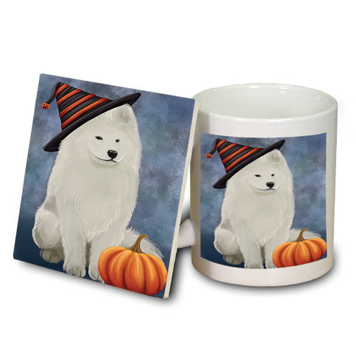 Happy Halloween Samoyed Dog Wearing Witch Hat with Pumpkin Mug and Coaster Set MUC54795