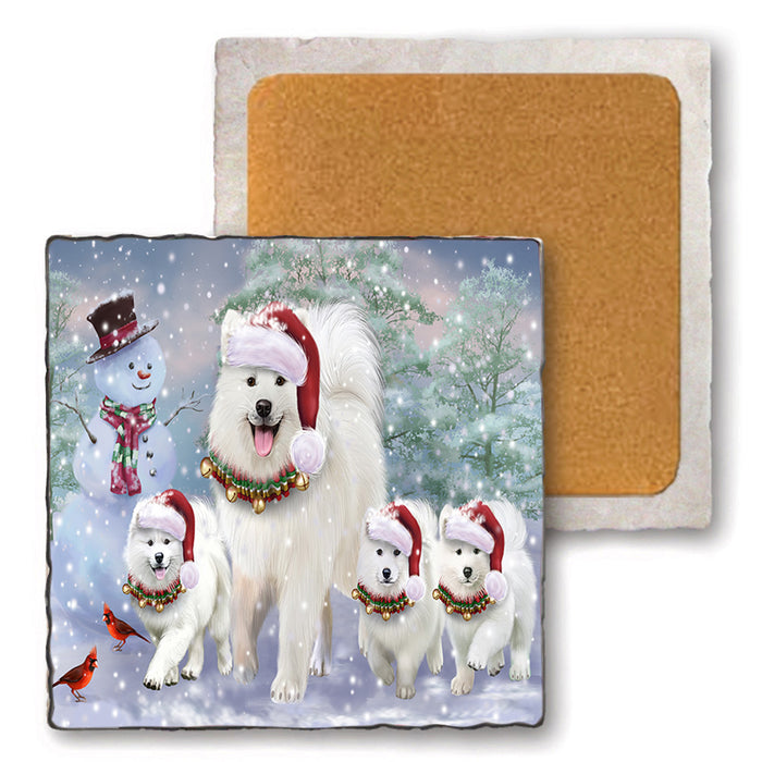 Christmas Running Family Dogs Samoyeds Dog Set of 4 Natural Stone Marble Tile Coasters MCST49226