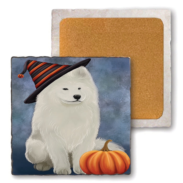 Happy Halloween Samoyed Dog Wearing Witch Hat with Pumpkin Set of 4 Natural Stone Marble Tile Coasters MCST49803