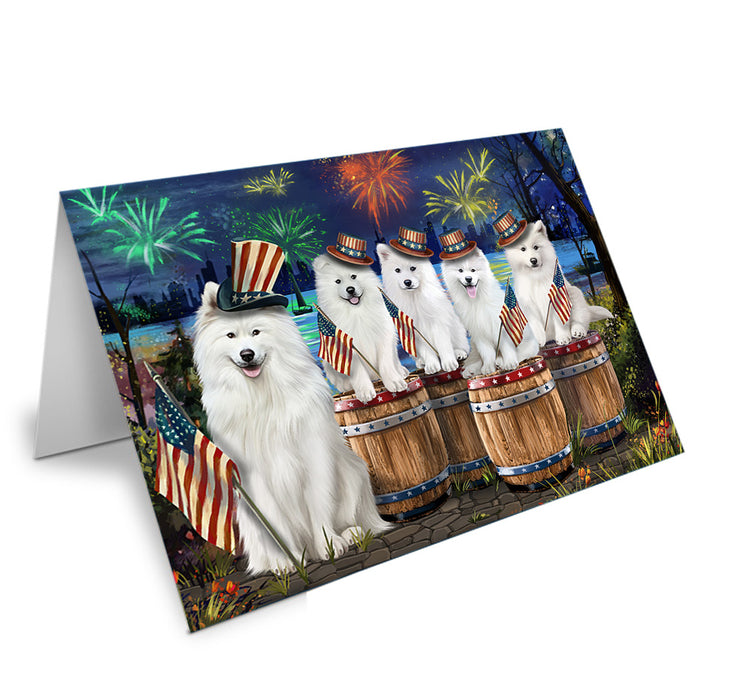 4th of July Independence Day Fireworks Samoyeds at the Lake Handmade Artwork Assorted Pets Greeting Cards and Note Cards with Envelopes for All Occasions and Holiday Seasons GCD57182