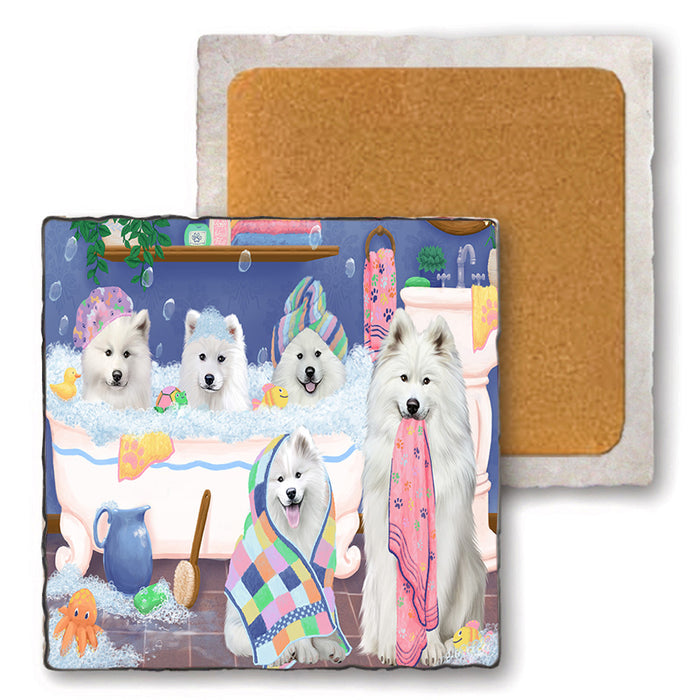 Rub A Dub Dogs In A Tub Samoyeds Dog Set of 4 Natural Stone Marble Tile Coasters MCST51818