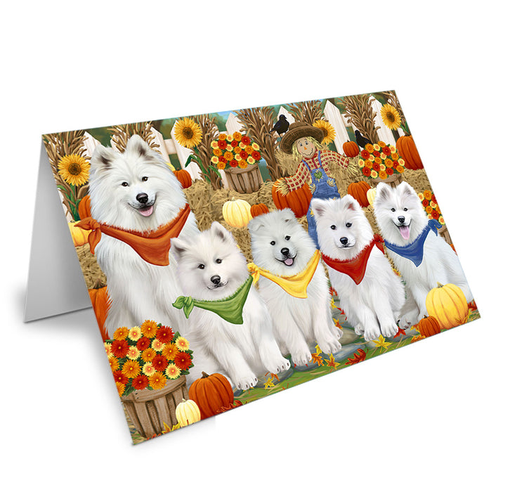 Fall Festive Gathering Samoyeds Dog with Pumpkins Handmade Artwork Assorted Pets Greeting Cards and Note Cards with Envelopes for All Occasions and Holiday Seasons GCD56429