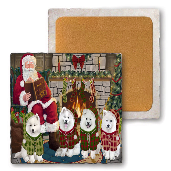 Christmas Cozy Holiday Tails Samoyeds Dog Set of 4 Natural Stone Marble Tile Coasters MCST50384