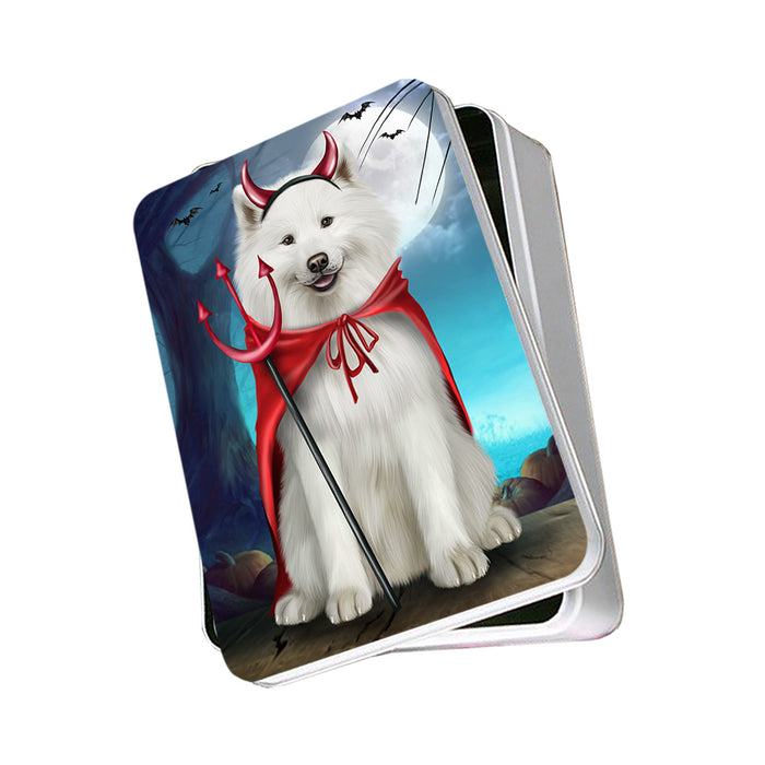 Happy Halloween Trick or Treat Samoyed Dog Devil Photo Storage Tin PITN52531
