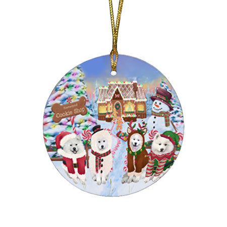 Holiday Gingerbread Cookie Shop Samoyeds Dog Round Flat Christmas Ornament RFPOR56971