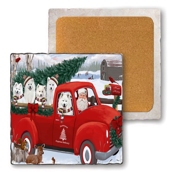 Christmas Santa Express Delivery Samoyeds Dog Family Set of 4 Natural Stone Marble Tile Coasters MCST50063