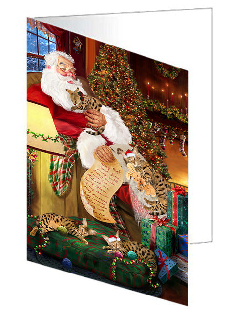 Santa Sleeping with Savannah Cats Christmas Handmade Artwork Assorted Pets Greeting Cards and Note Cards with Envelopes for All Occasions and Holiday Seasons GCD62492