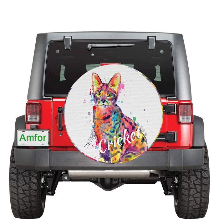 Custom Pet Name Personalized Watercolor Savannah Cat Car Tire Cover