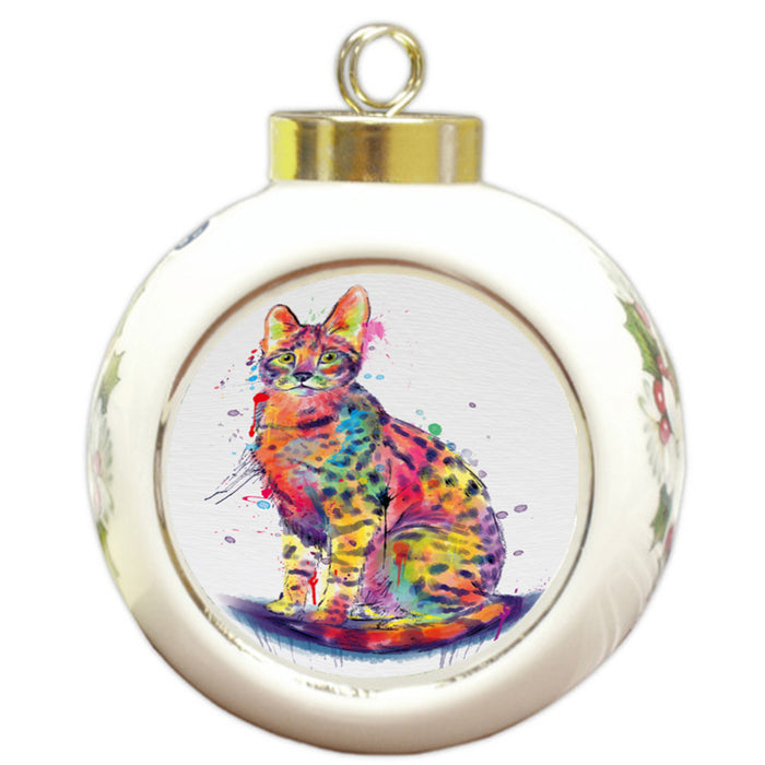 Watercolor Savannah Cat Round Ball Christmas Ornament RBPOR58494