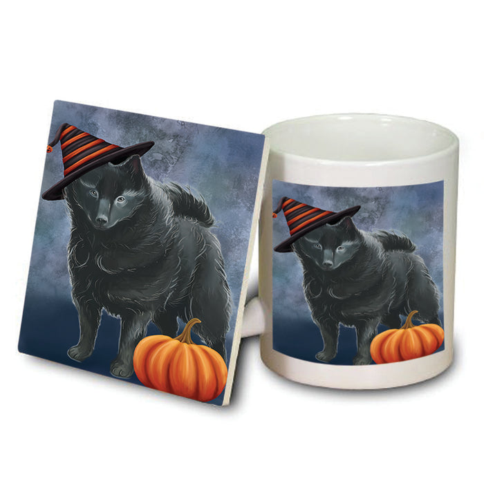 Happy Halloween Schipperke Dog Wearing Witch Hat with Pumpkin Mug and Coaster Set MUC54796