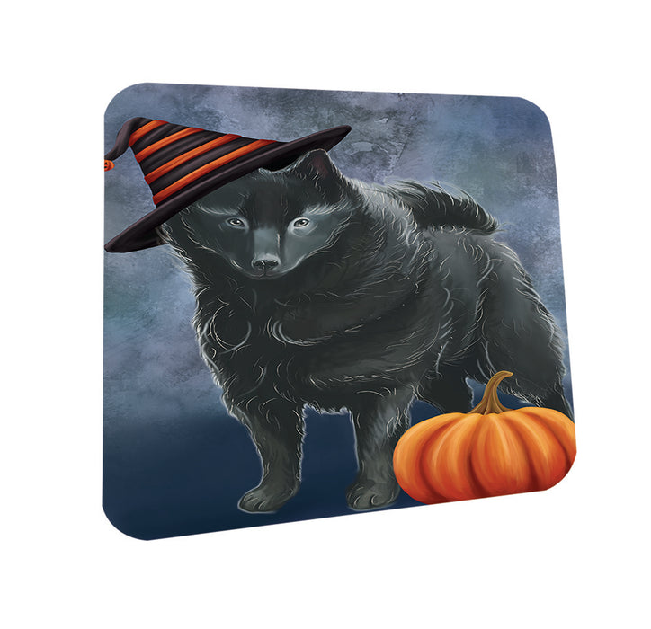 Happy Halloween Schipperke Dog Wearing Witch Hat with Pumpkin Coasters Set of 4 CST54762