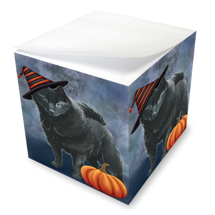 Happy Halloween Schipperke Dog Wearing Witch Hat with Pumpkin Note Cube NOC56450