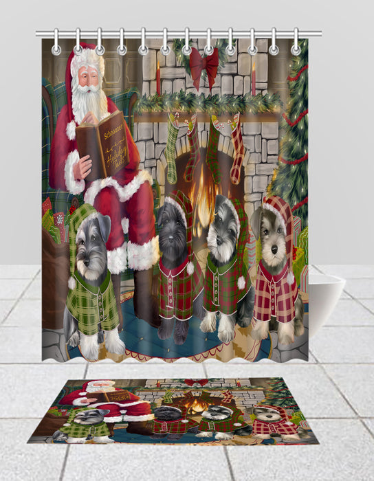 Christmas Cozy Holiday Fire Tails Schnauzer Dogs Bath Mat and Shower Curtain Combo