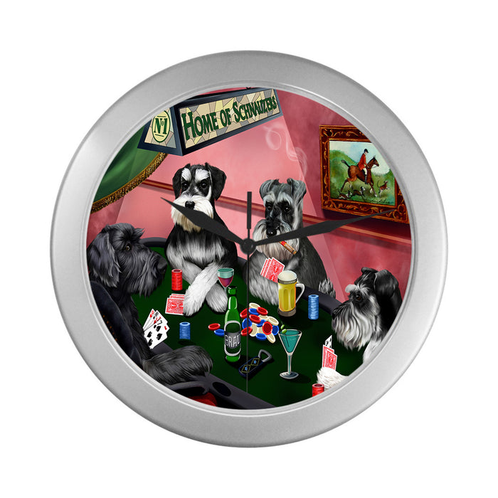 Home of Schnauzer Dogs Playing Poker Silver Wall Clocks