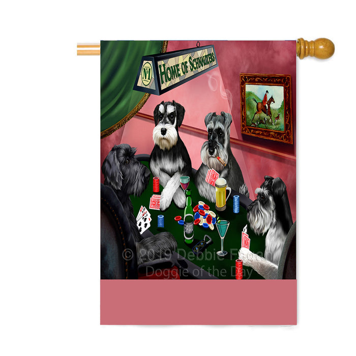 Personalized Home of Schnauzer Dogs Four Dogs Playing Poker Custom House Flag FLG-DOTD-A60350