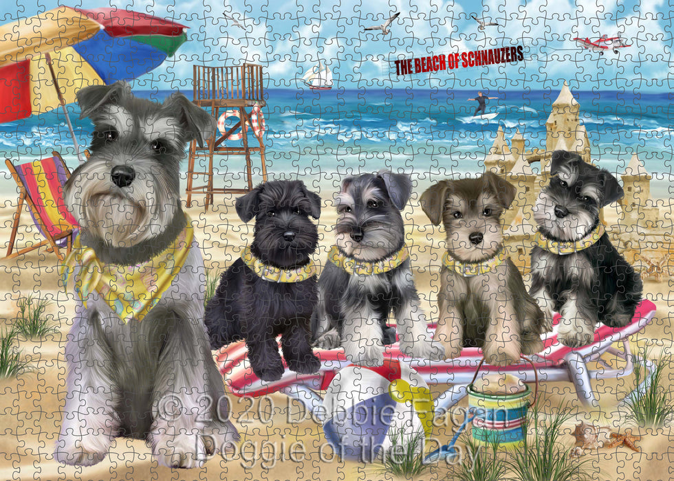 Pet Friendly Beach Schnauzer Dogs Portrait Jigsaw Puzzle for Adults Animal Interlocking Puzzle Game Unique Gift for Dog Lover's with Metal Tin Box