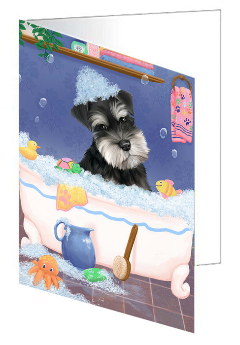 Rub A Dub Dog In A Tub Schnauzer Dog Handmade Artwork Assorted Pets Greeting Cards and Note Cards with Envelopes for All Occasions and Holiday Seasons GCD79619