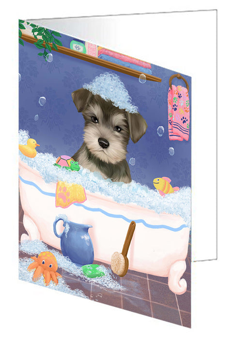 Rub A Dub Dog In A Tub Schnauzer Dog Handmade Artwork Assorted Pets Greeting Cards and Note Cards with Envelopes for All Occasions and Holiday Seasons GCD79622